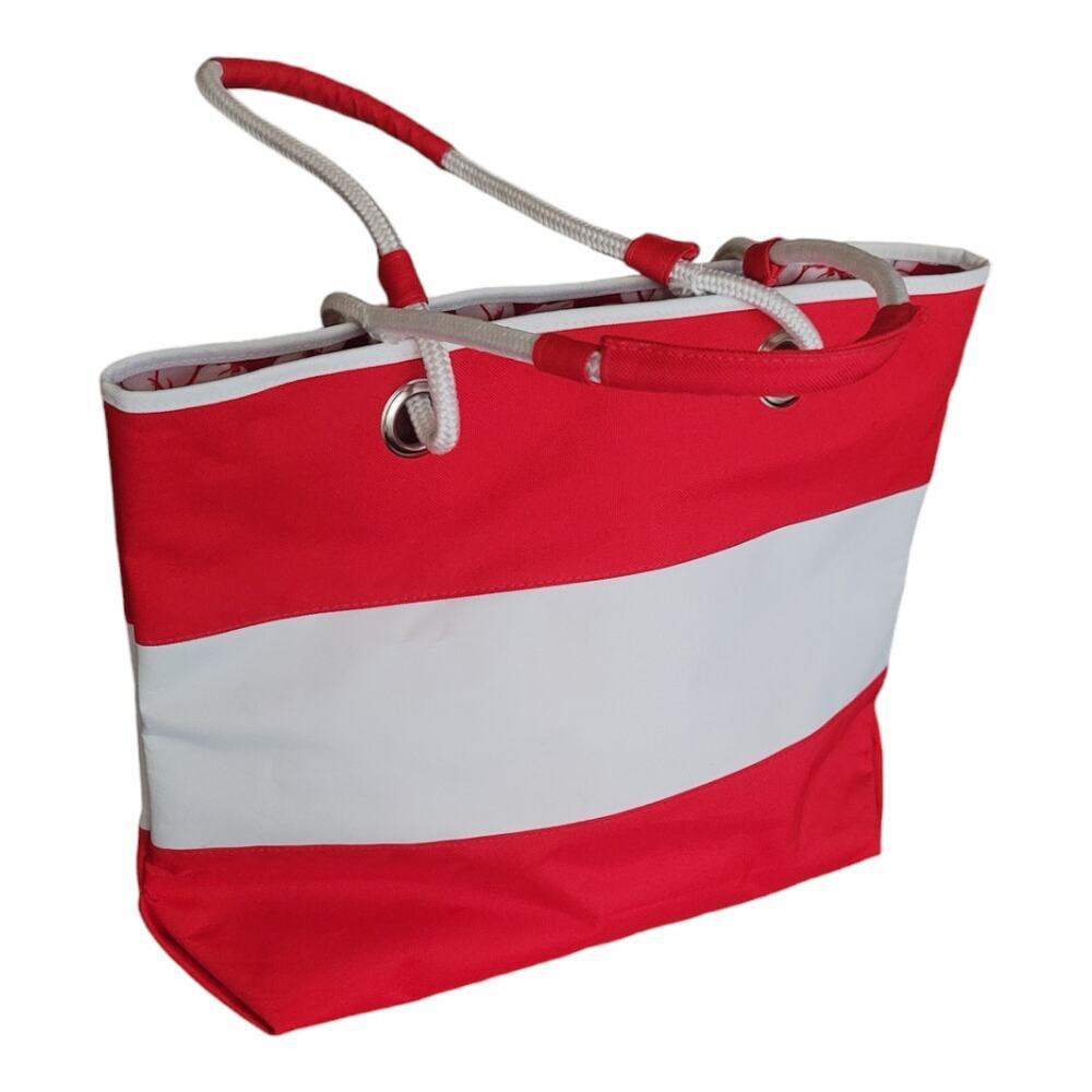 LANCOME Color Block‎ Beach Bucket  Bag Tote Red White Stripe Canvas Rope Straps
